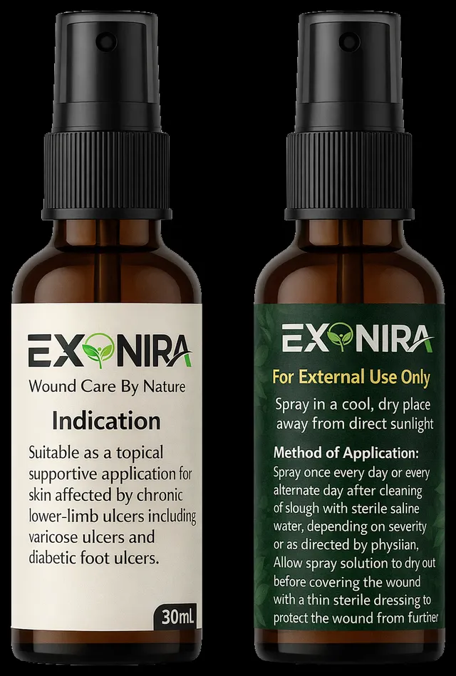 Exonira 30 mL spray bottles, front and back label